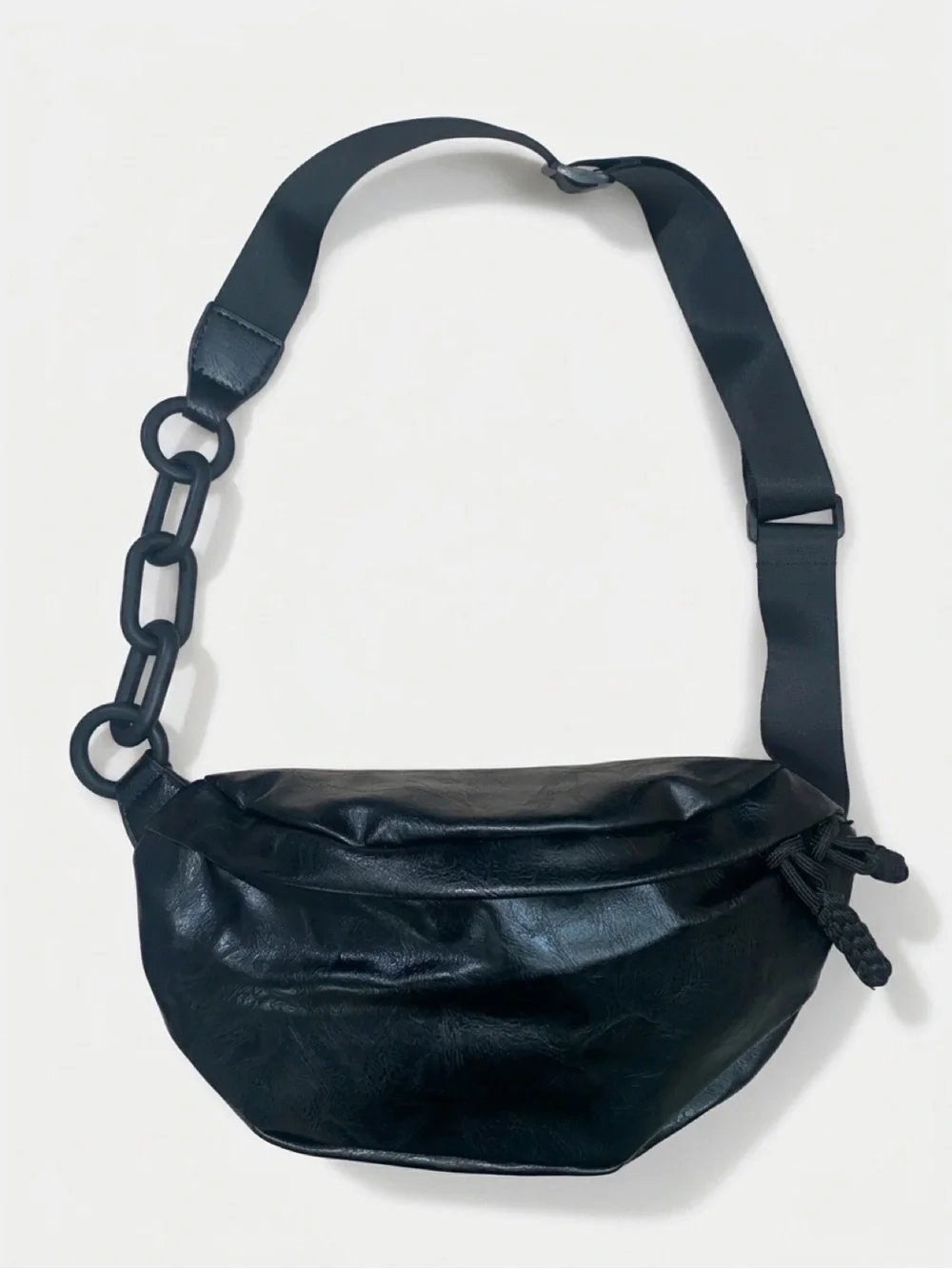 Women's Black Leather Crossbody Belt Bag with Chain Strap